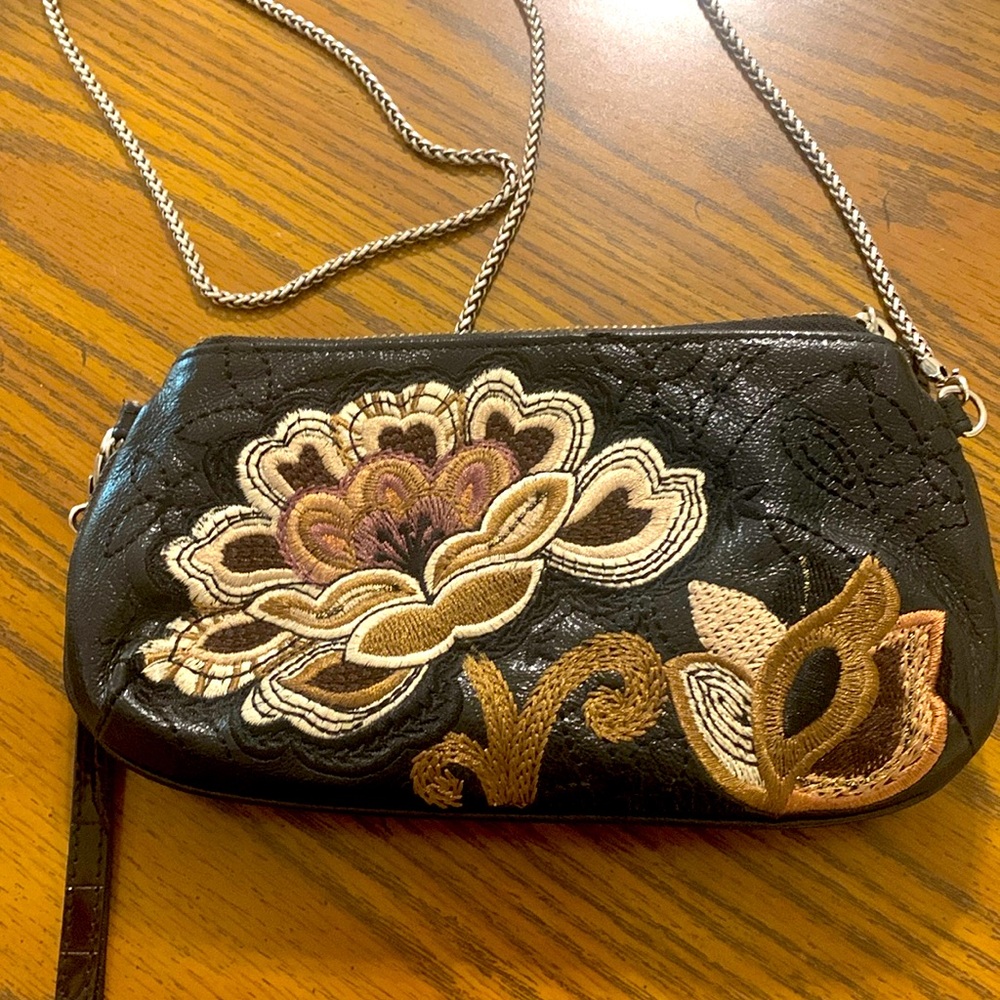 Brighton leather embroidered black clutch crossbody purse wallet